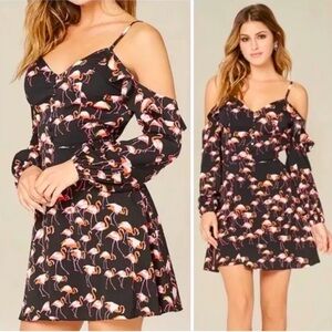 Bebe Flamingo Print Off Shoulder Long Sleeve Mini Dress with Pockets